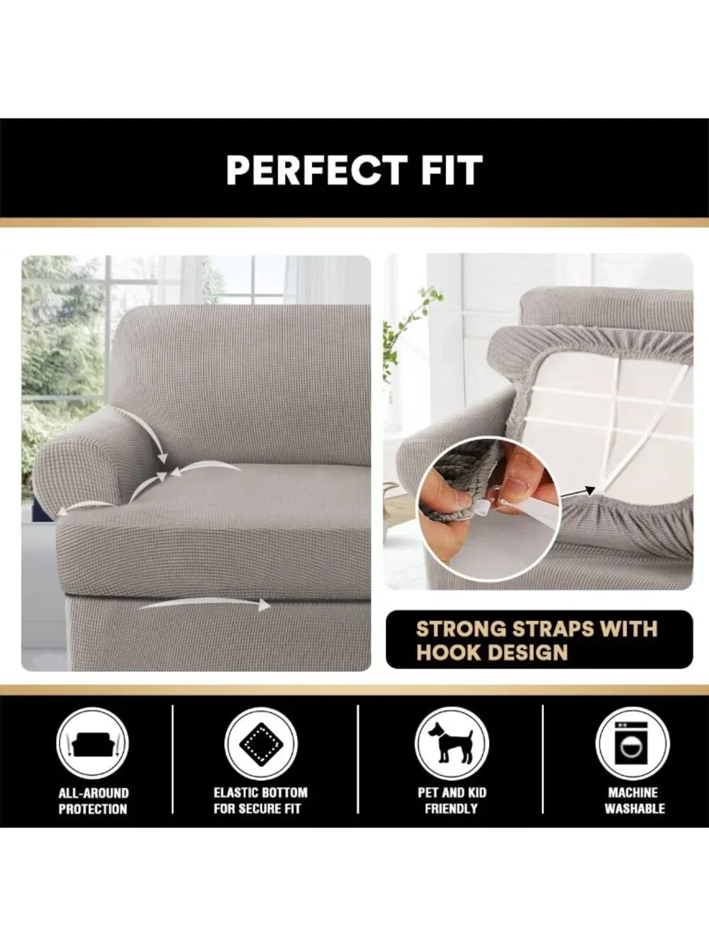 T‑Cushion Sofa Slipcover 3‑Piece Set – Soft Stretch Furniture Cover, Fits 88